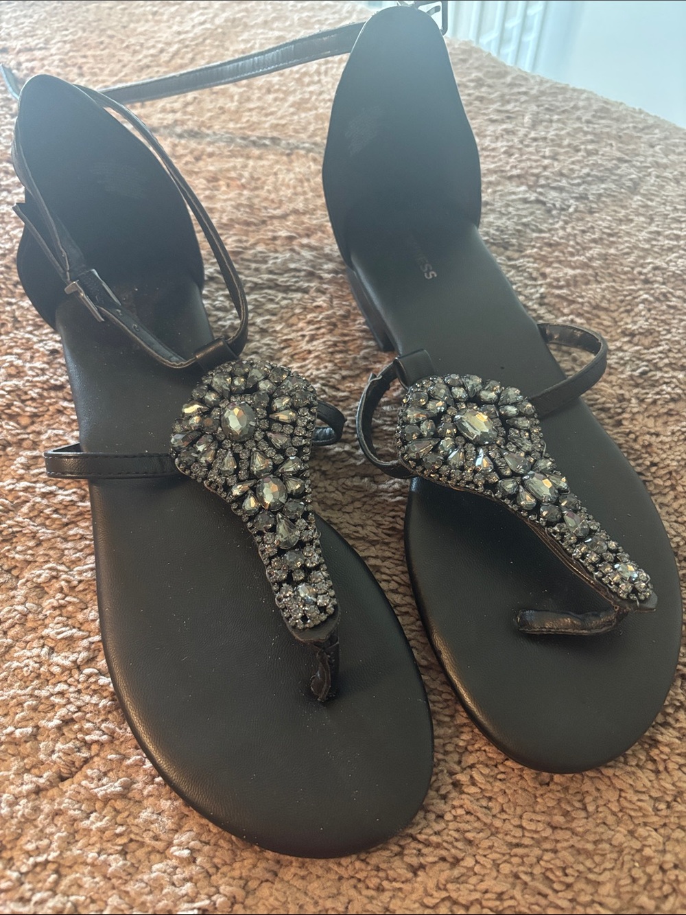 Express Black Jeweled T-Strap Sandals
